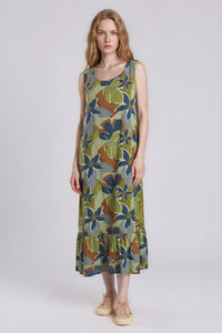 Vestido Regata Midi Com Babado Na Barra Verde Estampado Yacamim E3
