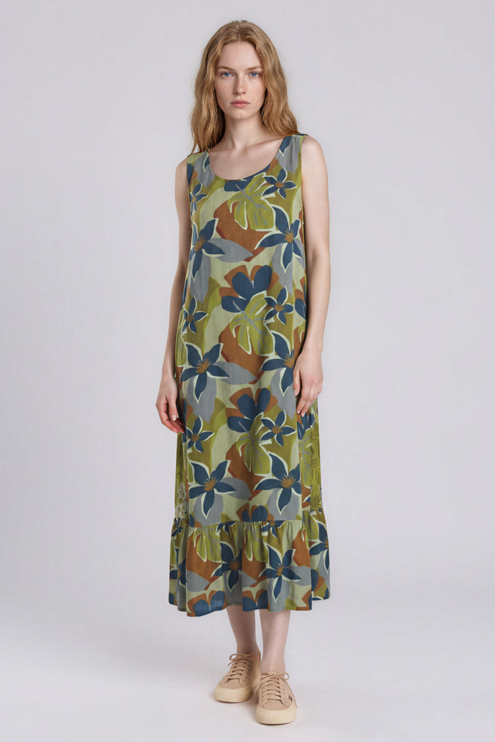 Vestido Regata Midi Com Babado Na Barra Verde Estampado Yacamim E3