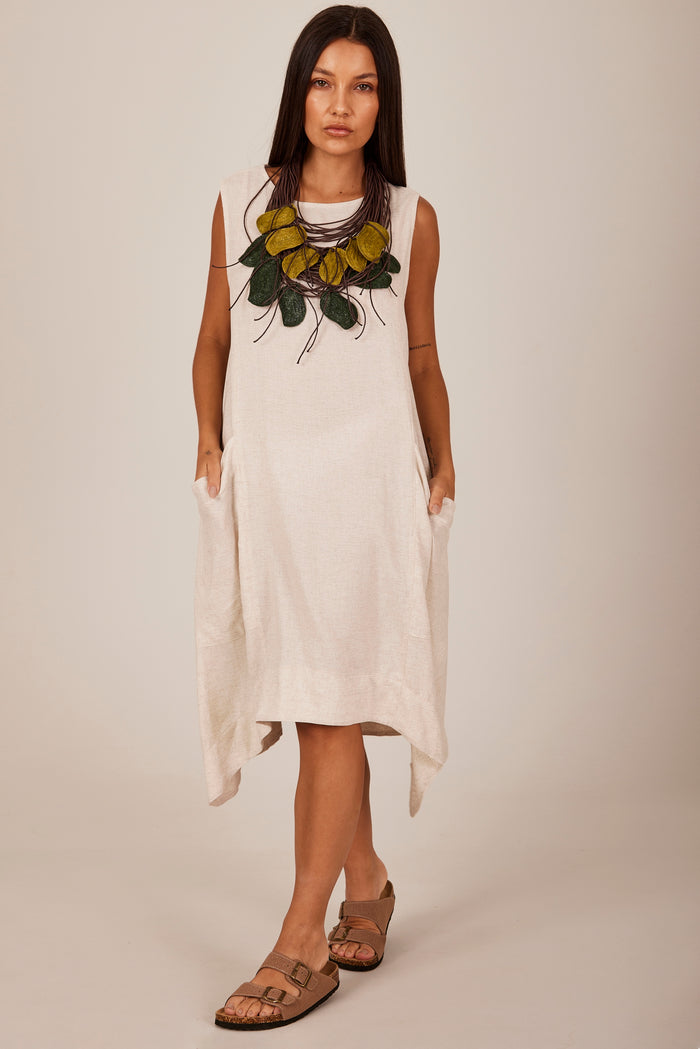 Vestido Curto Regata De Linho Bege Yacamim D1 Liso