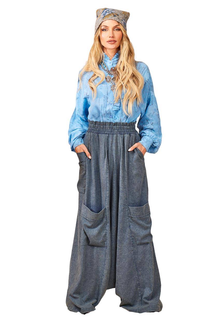 Calça Modelo Saruel De Cintura Alta Azul Mescla Yacamim H5