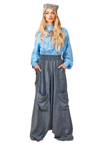 Calça Modelo Saruel De Cintura Alta Azul Mescla Yacamim H5