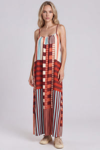 Vestido Longo De Alças Reguláveis Vermelho Estampa Geométrica Yacamim C9