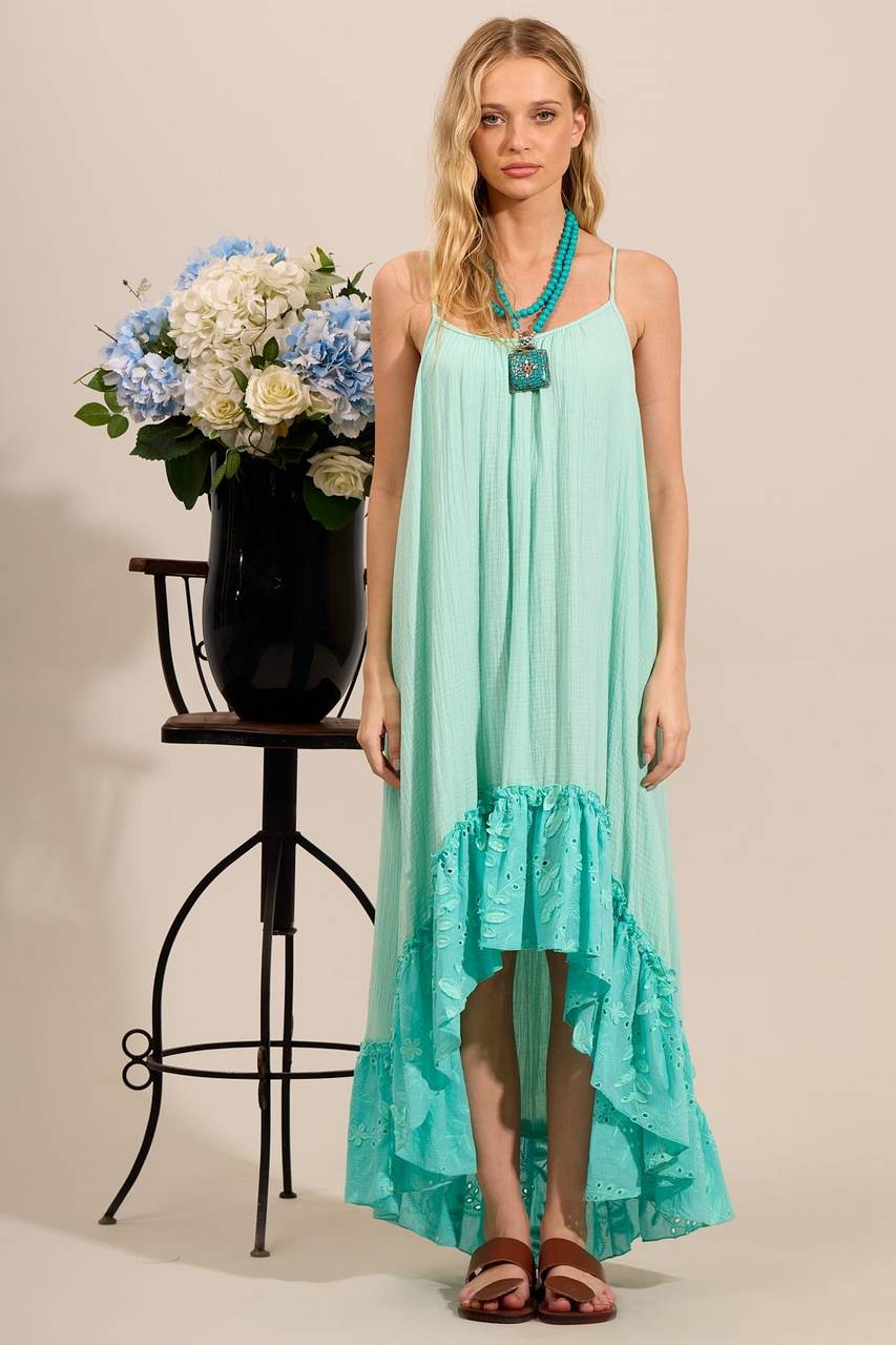 Vestido Mullet De Alças Com Babado Broderie Verde Menta Yacamim C29