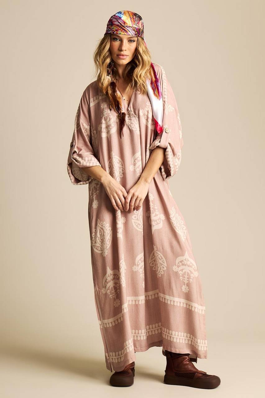 Vestido Longo Com Decote Em V Transpassado Marrom Claro Estampado Yacamim N3
