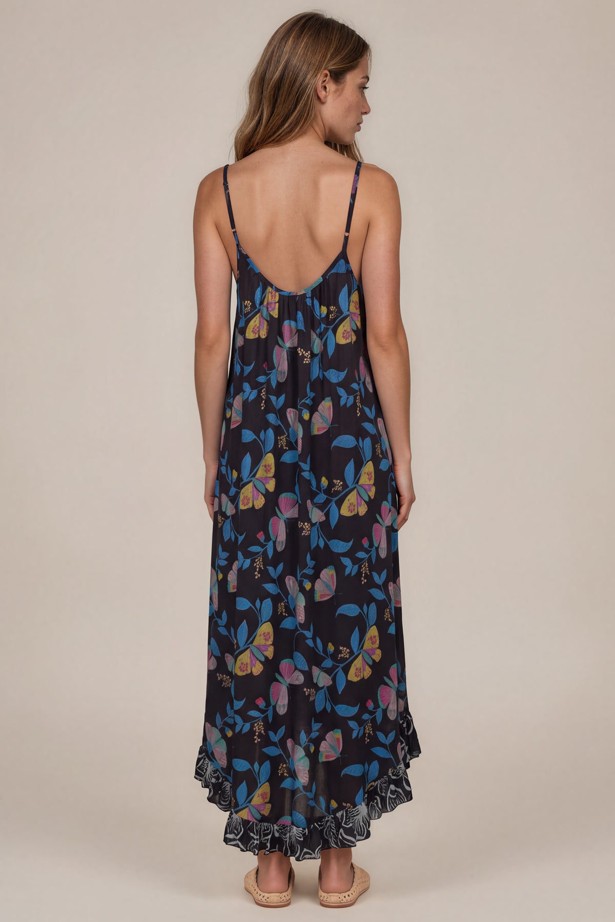 Vestido Midi De Alças Reguláveis Preto Estampado Yacamim D20