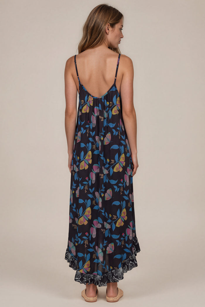 Vestido Midi De Alças Reguláveis Preto Estampado Yacamim D20