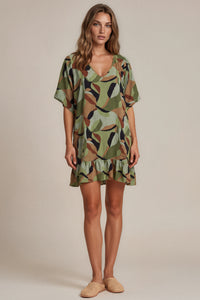 Vestido Curto Com Mangas Curtas Verde Estampado Yacamim D26
