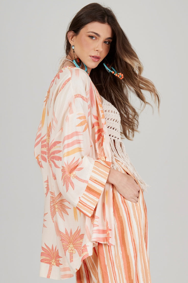 Kimono Curto Rosé Estampa De Coqueiros Yacamim I9