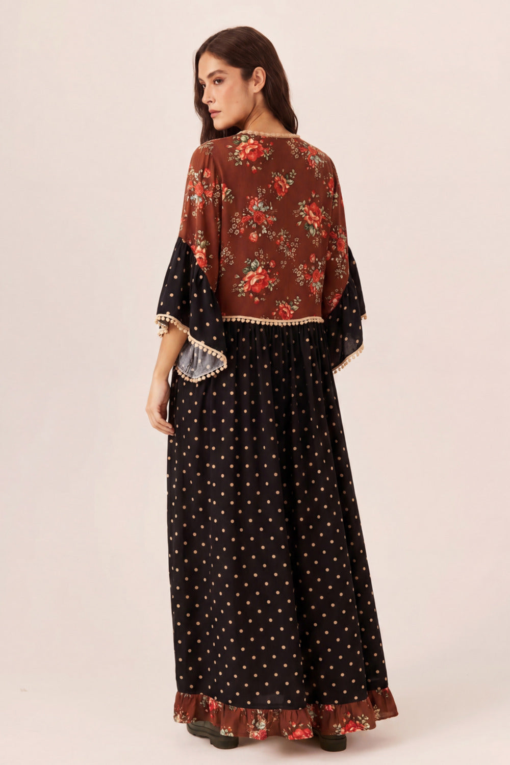 Vestido Longo Com Babados Preto E Marrom Patchwork Yacamim E7