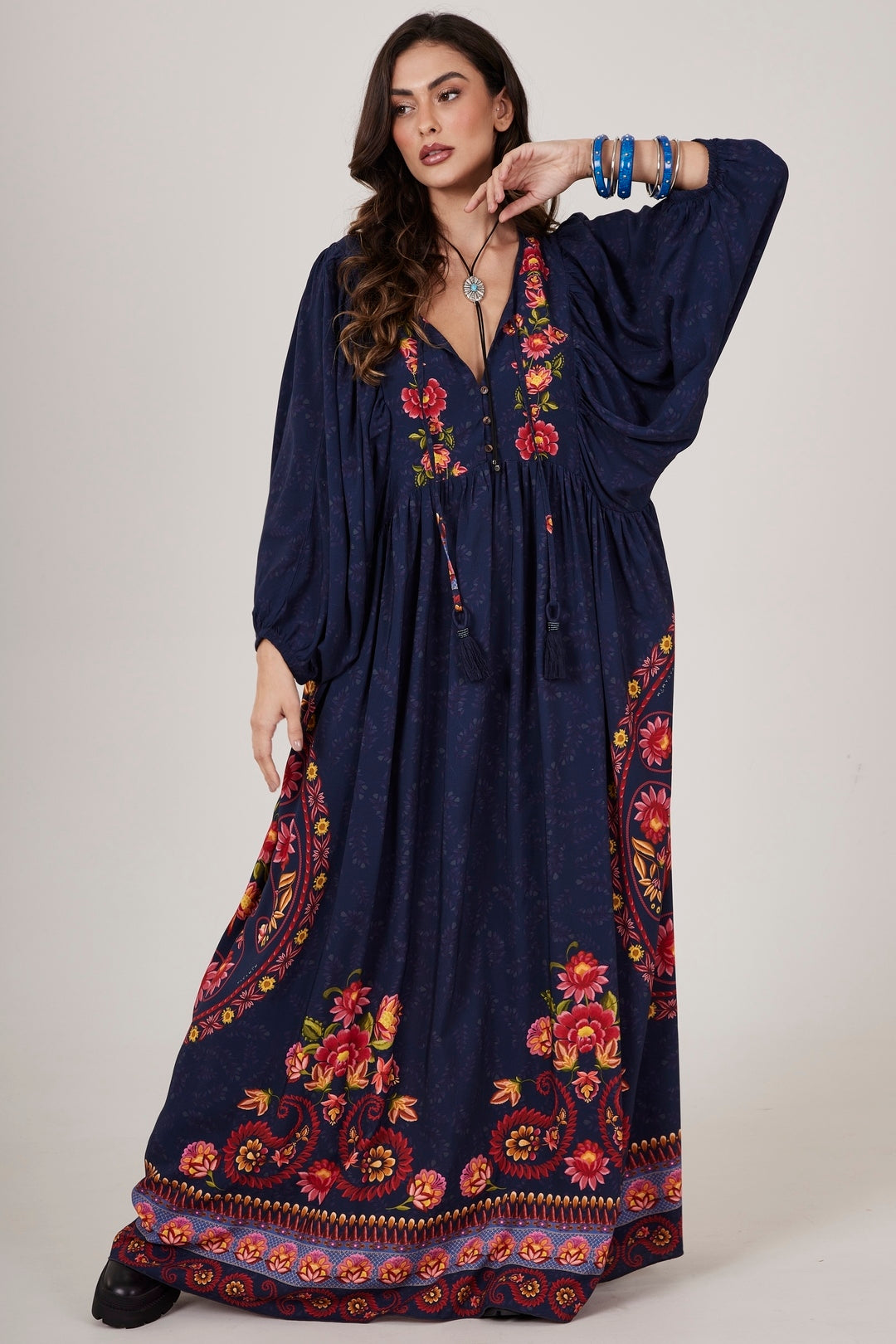 Vestido Longo Azul Marinho Estampa Cashmere Yacamim C11