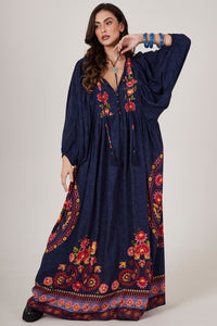 Vestido Longo Azul Marinho Estampa Cashmere Yacamim C11