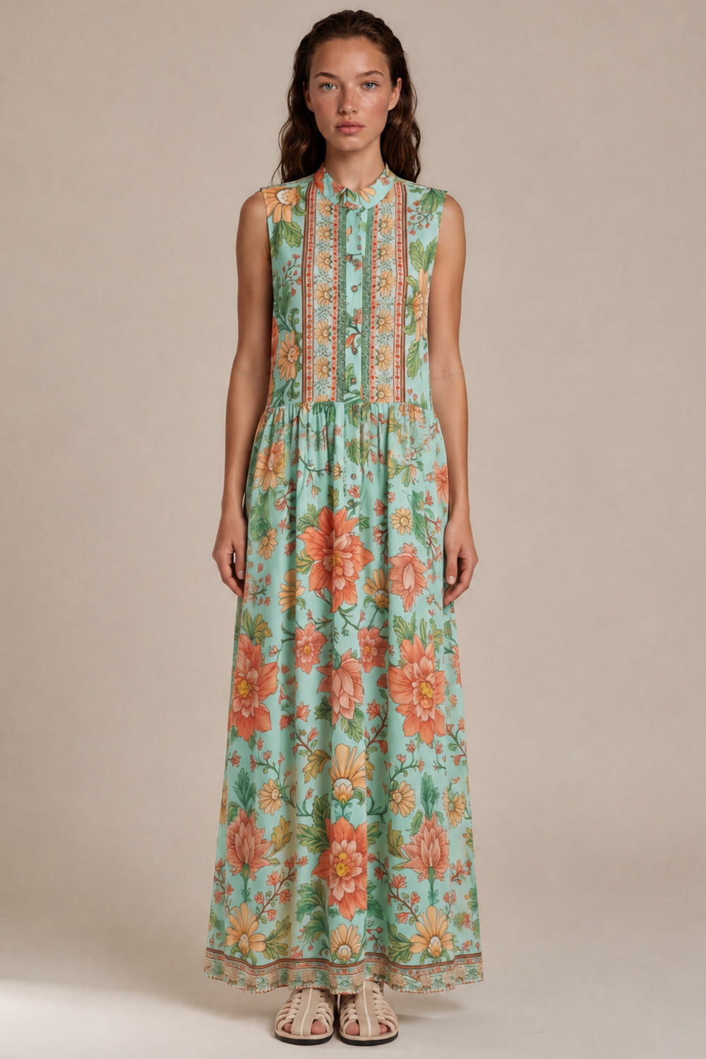 Vestido Longo Sem Mangas Com Botões Verde Pistache Floral yacamim D11