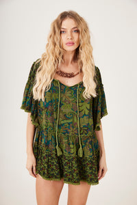 Bata Ampla Decote Ombro A Ombro Verde Patchwork Paisley Yacamim B1