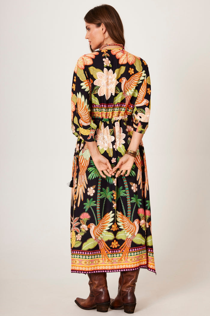 Kaftan Midi Preto E Laranja Estampa Tropical Yacamim J4