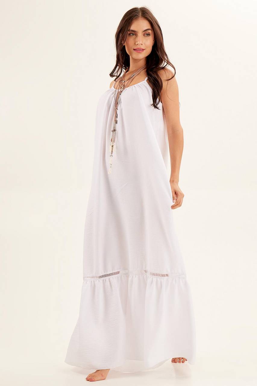 Vestido Longo De Poliéster Com Alças Reguláveis Branco Yacamim D13 Liso