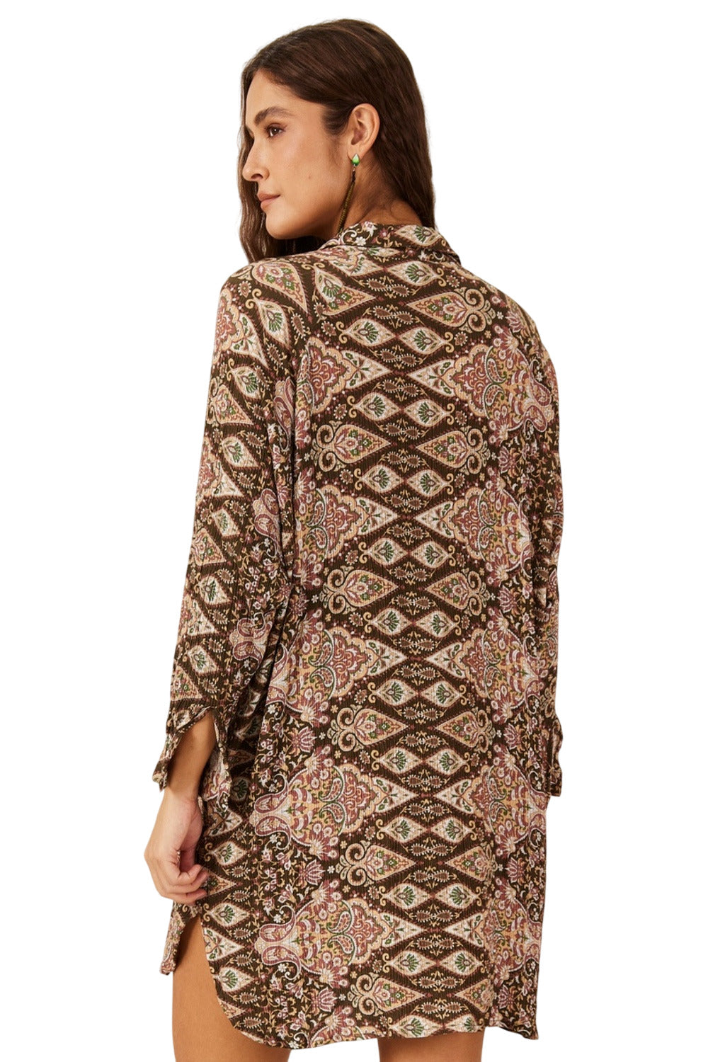 Chemise Ampla Com Mangas Marrom Estampa Paisley Yacamim P9