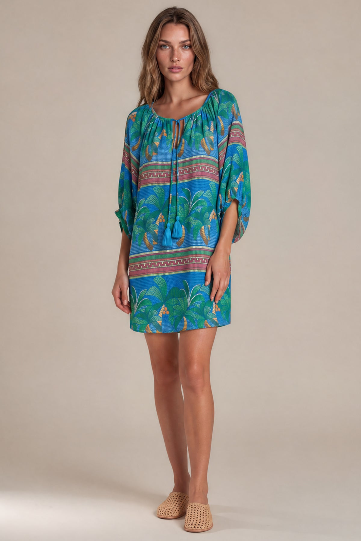 Vestido Curto Decote Ombro A Ombro Azul Estampado Coleção Maracá Yacamim D21