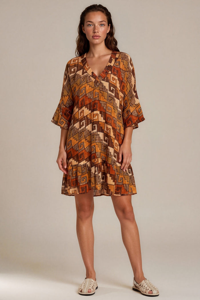 Vestido Curto Lurex Marrom Estampado Coleção Peru Yacamim K7