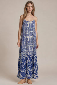 Vestido Longo Com Babado Azul Estampado Patchwork Yacamim C4