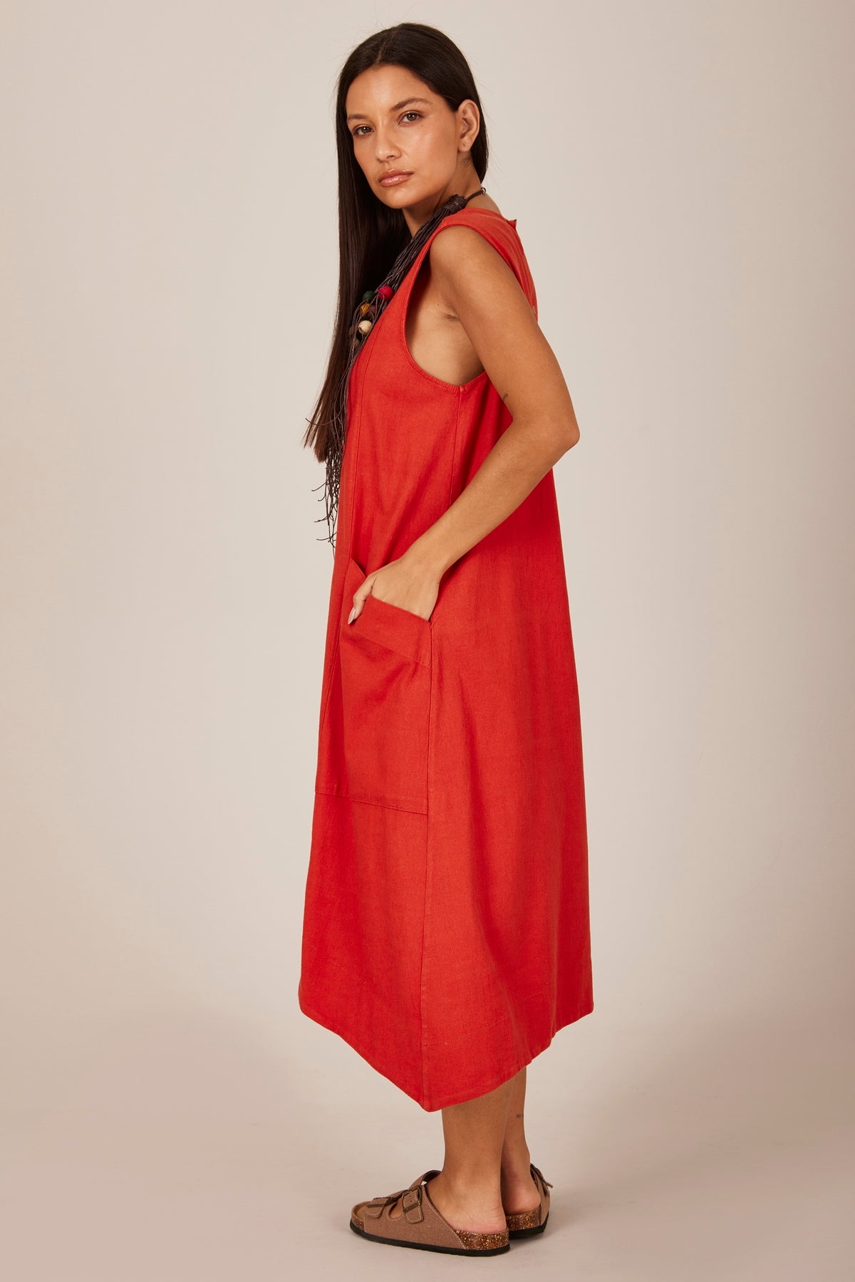 Vestido Curto De Linho Regata Terracota Yacamim C27 Liso
