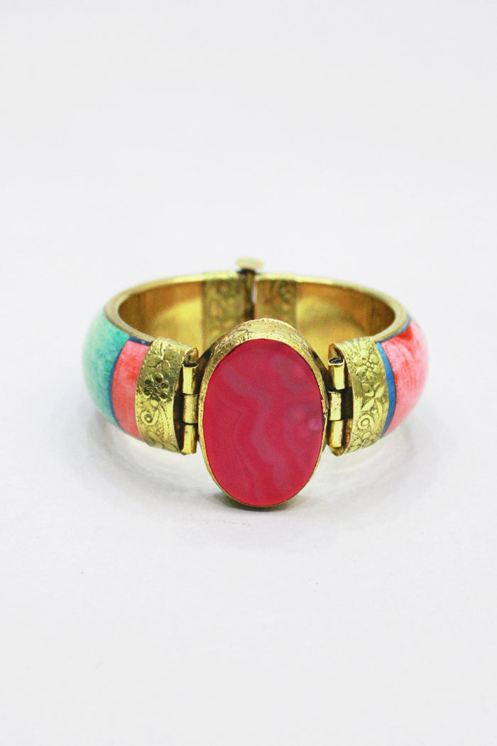 Pulseira Bracelete De Metal Com Pedra Rosa Yacamim #457