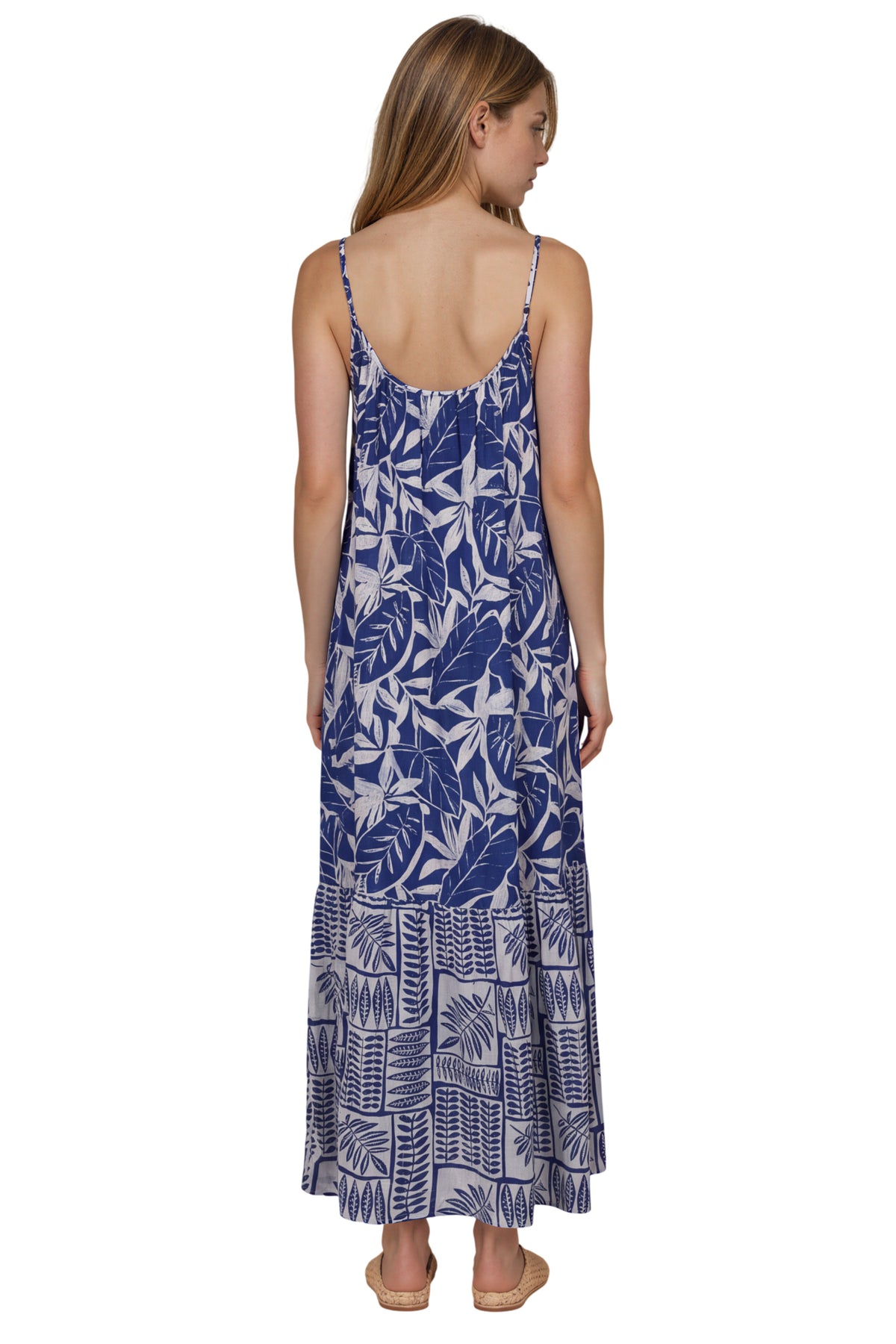 Vestido Longo Com Alças Reguláveis Azul Estampado Patchwork Yacamim E7