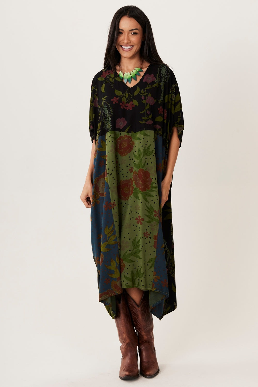 Kaftan Midi Preto E Verde Patchwork Yacamim I5
