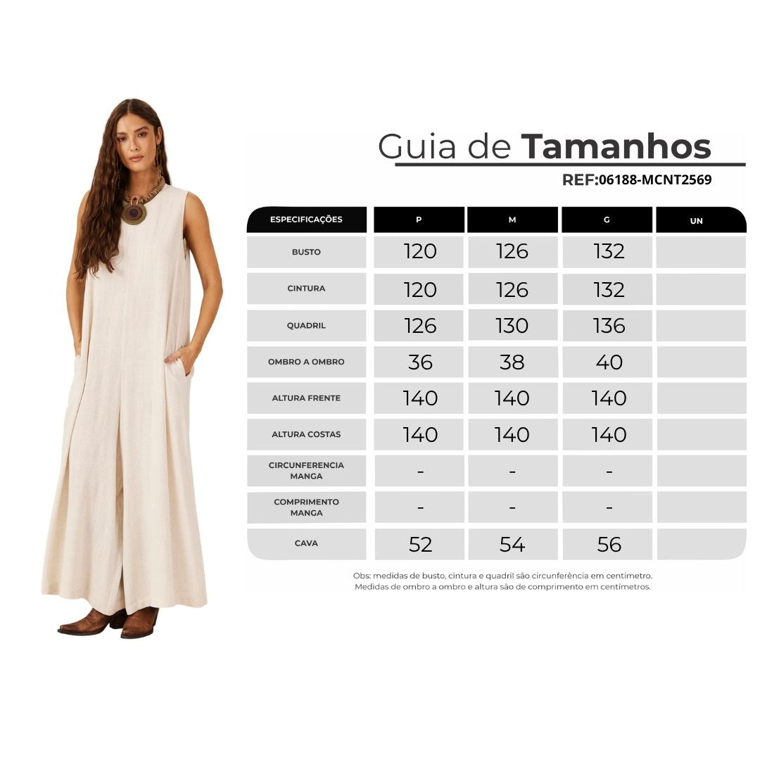 Macacão Longo Pantalona Com Bolsos Bege Yacamim O3