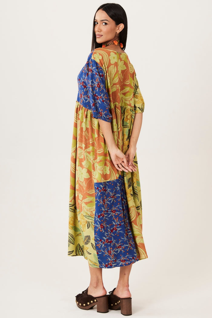 Vestido Midi Trançado Verde E Azul Patchwork Yacamim C27