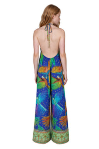 Macacão Longo Pantalona Frente Única Azul Estampado Yacamim O7