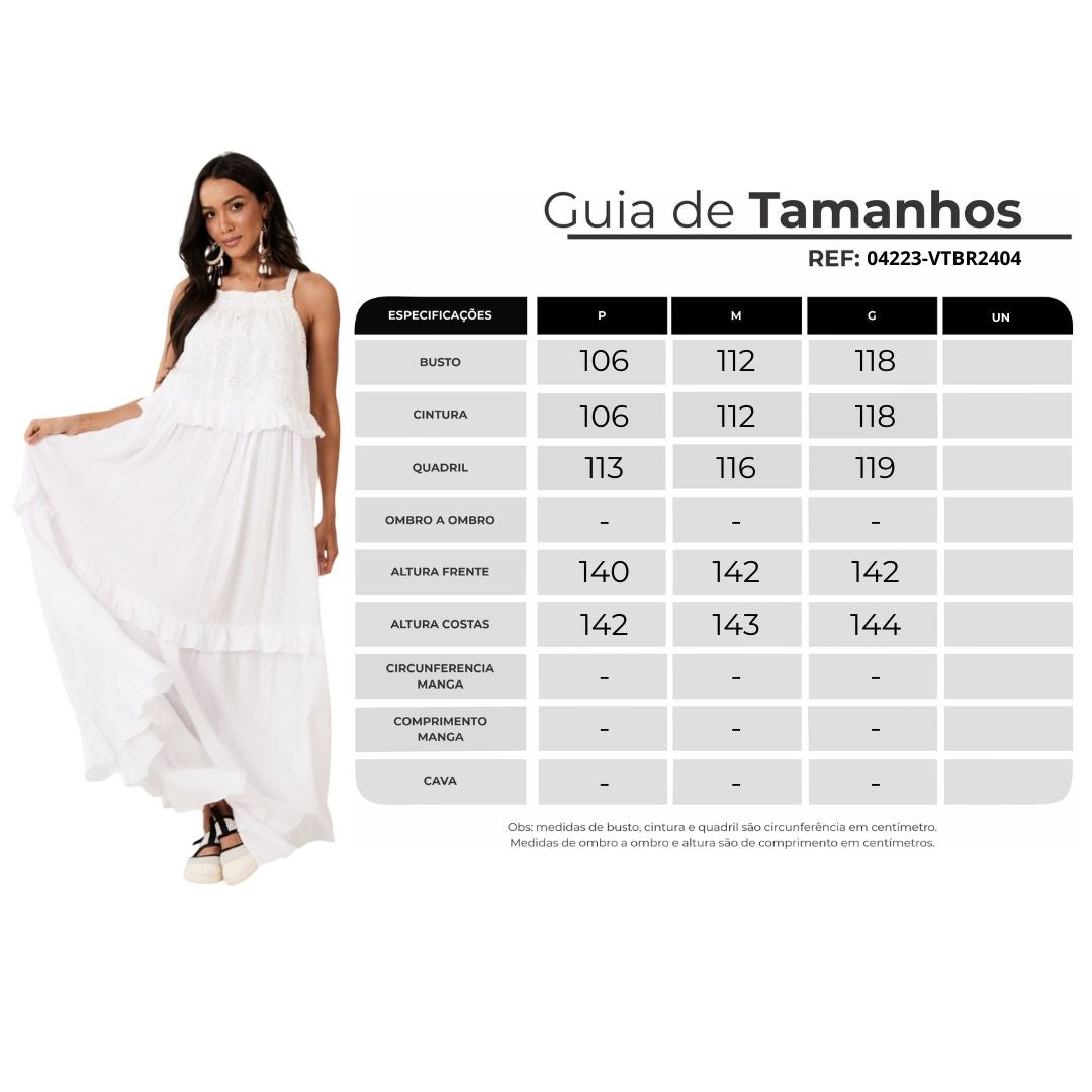 Vestido Longo Amplo De Alças Com Rendas E Babados Branco Yacamim C21
