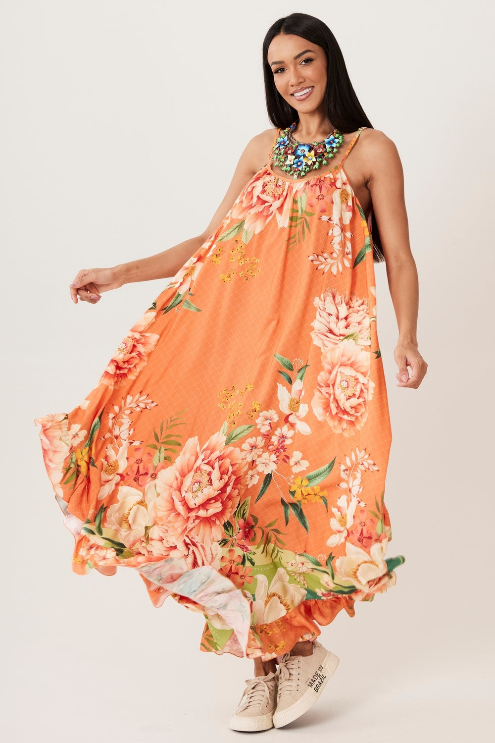 Vestido Midi Alças Reguláveis Laranja Estampado Yacamim E14