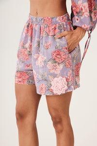 Shorts Inhotim 100% Algodão Com Flores Bordadas Floral Lilás Yacamim R3