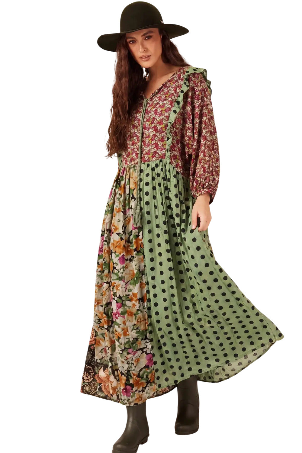 Vestido Longo Amplo Verde Patchwork Yacamim E1