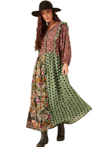 Vestido Longo Amplo Verde Patchwork Yacamim E1