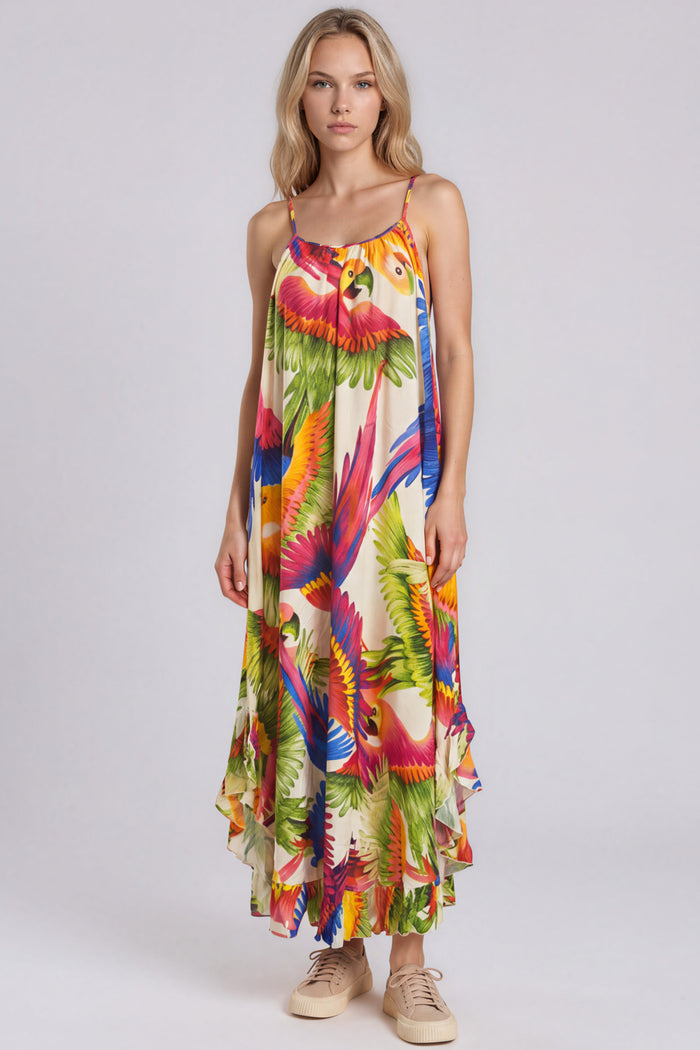 Vestido Midi Com Alças Reguláveis Bege Estampado Yacamim D30