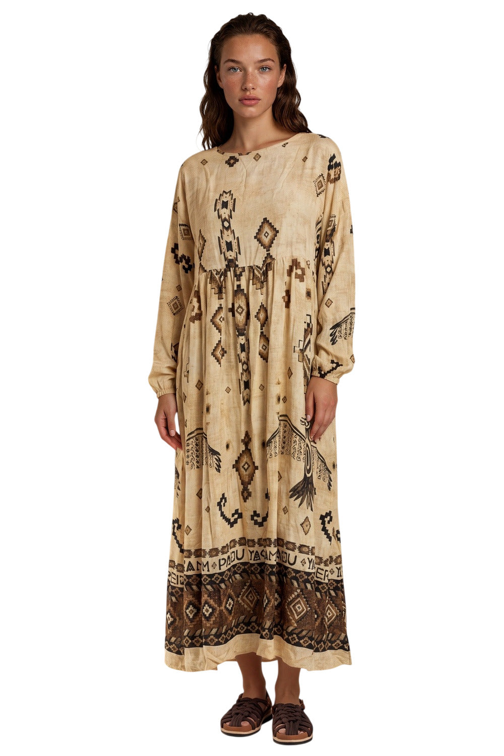 Vestido Midi Amplo Bege Estampado Coleção Peru Yacamim K1