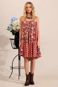 Vestido Curto De Alças Reguláveis Salmão Patchwork Yacamim D23