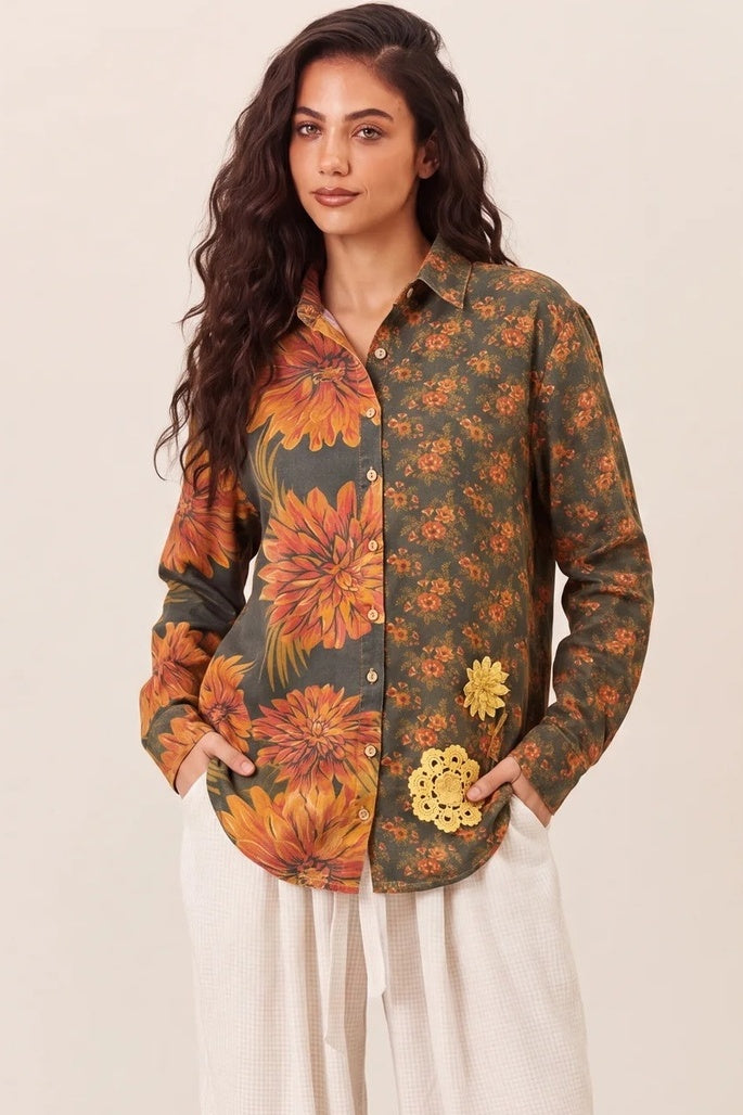 Camisa Tiradentes Com Flores Bordadas Laranja E Verde Estampado Yacamim R1