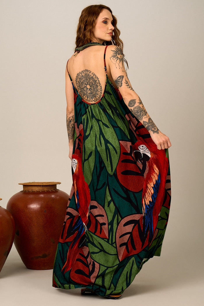 Vestido Longo Verde Estampa De Araras Yacamim C2