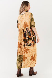Vestido Midi Marrom Claro Patchwork Yacamim C1