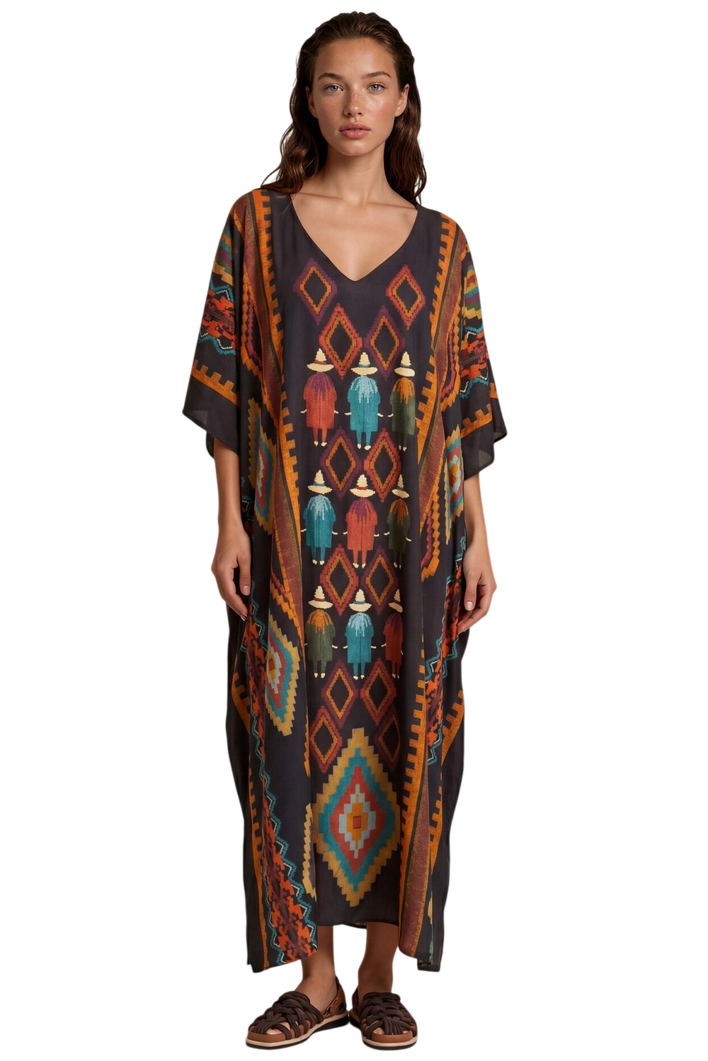 Kaftan Midi Marrom Escuro Estampado Coleção Peru Yacamim K9