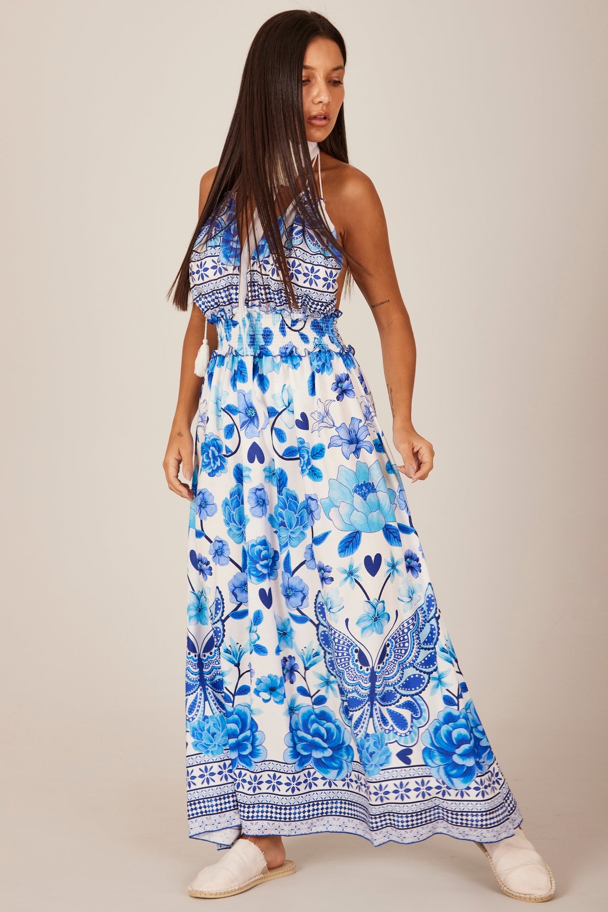 Vestido Midi Frente Única Azul Estampado Yacamim D18