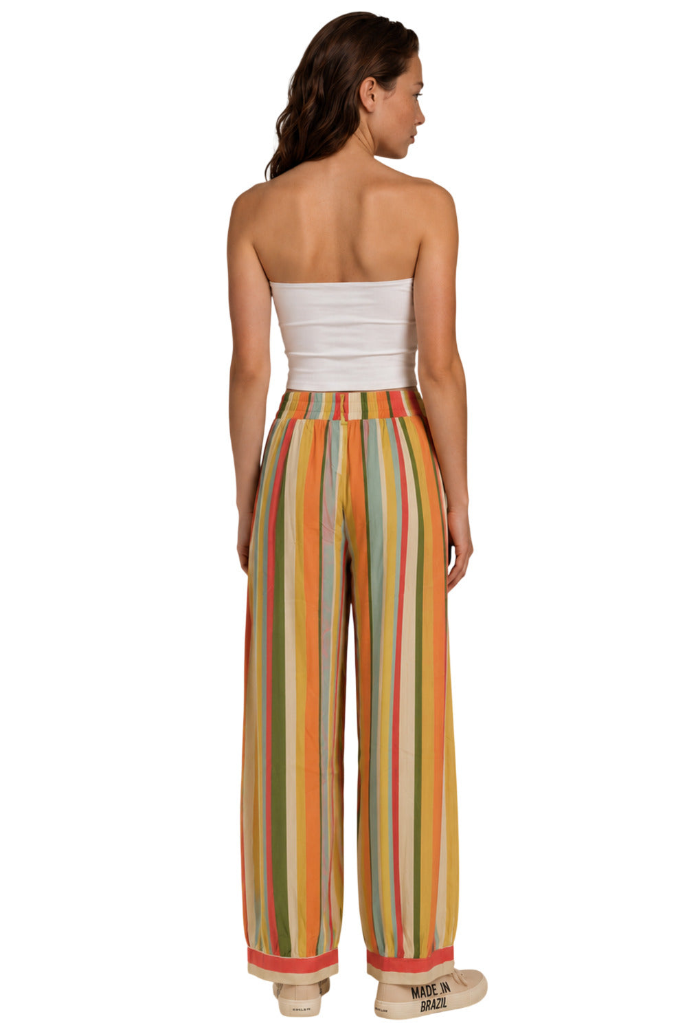 Calça Pantalona Com Bolsos Verde E Laranja Listrada Yacamim I10