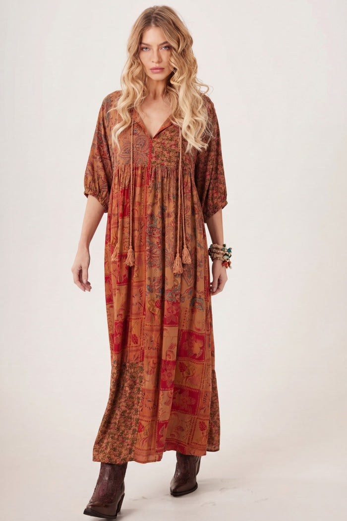 Vestido Longo Patchwork Laranja Yacamim D1