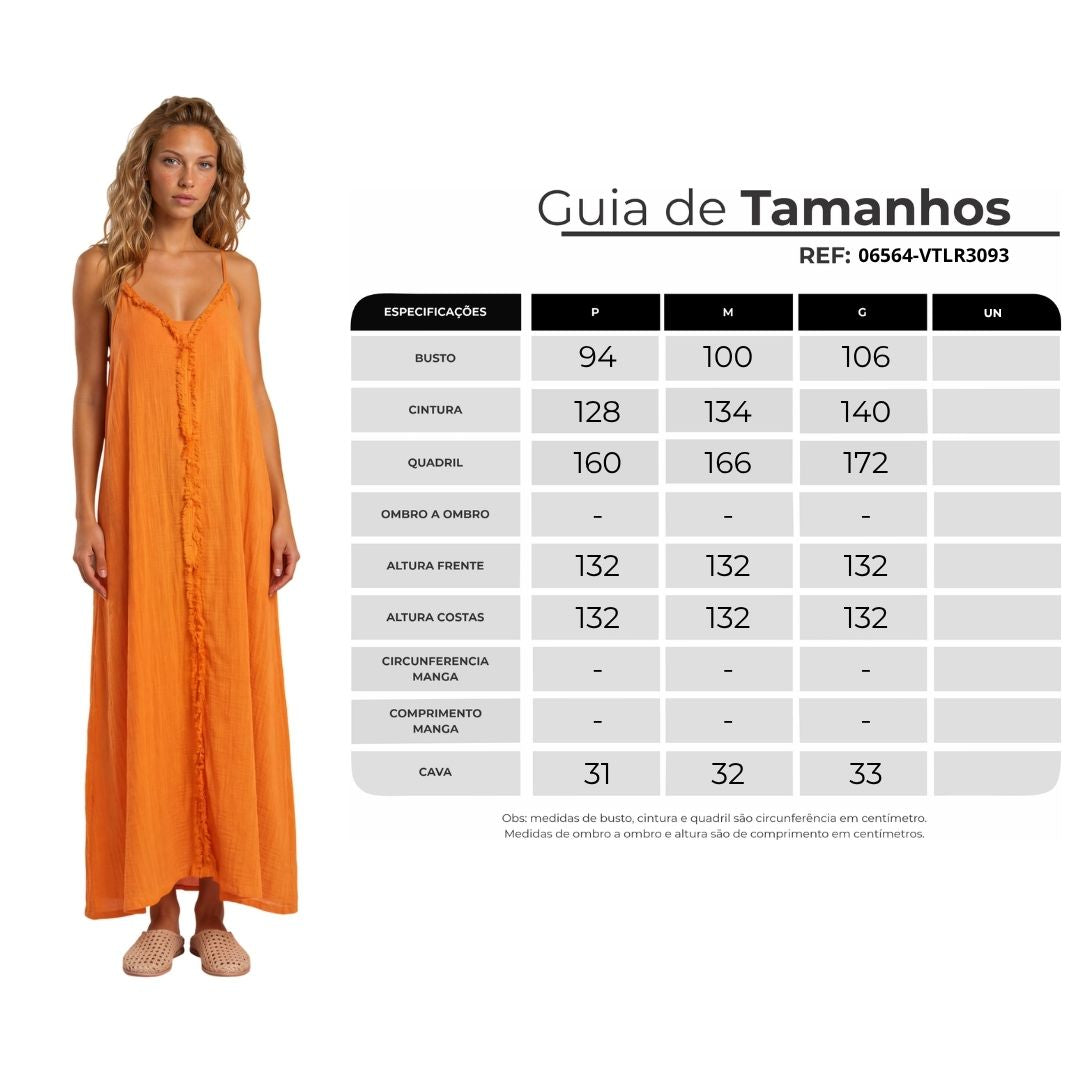 Vestido Longo De Alças Reguláveis Com Franjinhas Laranja Yacamim E11