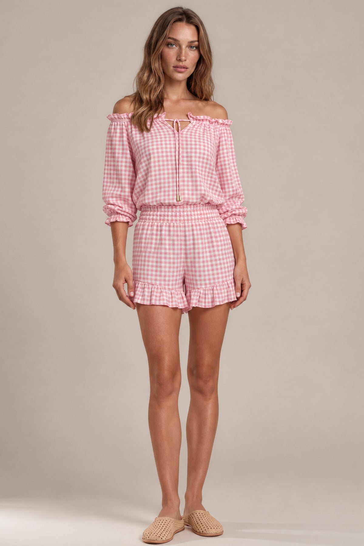 Shorts Com Babados Rosa Claro Xadrez Yacamim A21