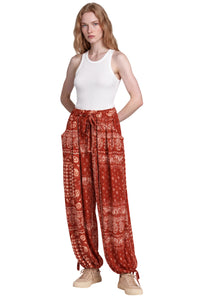 Calça Com Cordões De Regulagem Laranja Escuro Estampado Yacamim T10