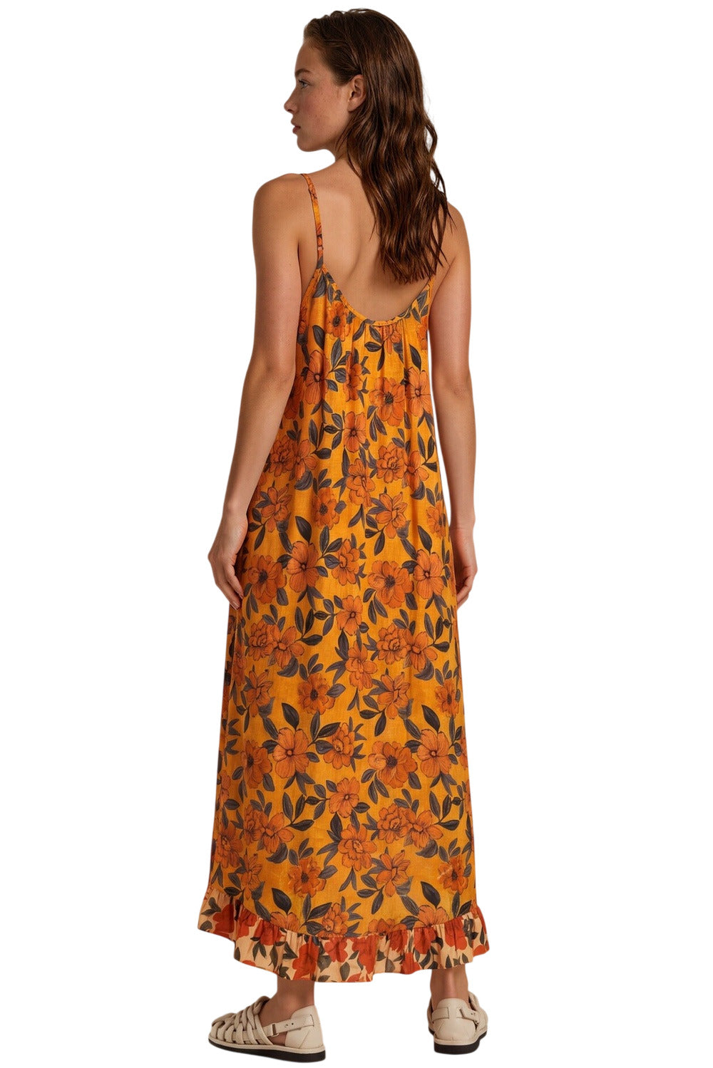 Vestido Midi De Alças Reguláveis Laranja Floral Patchwork Yacamim E7