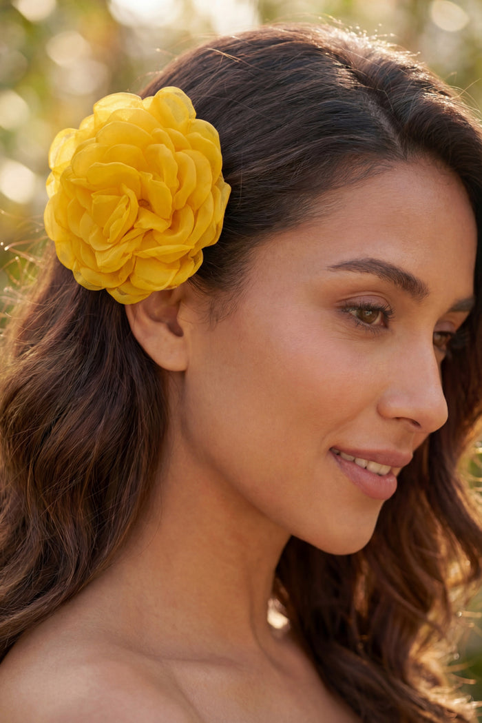 Presilha De Cabelo Flor De Tule Amarela Yacamim #862
